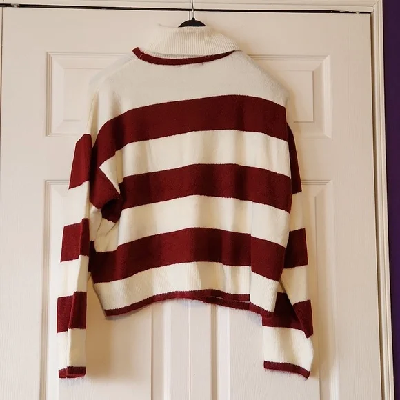 NWT New York & Company Maroon & Cream Striped Turtleneck Sweater - XL - Picture 3 of 4
